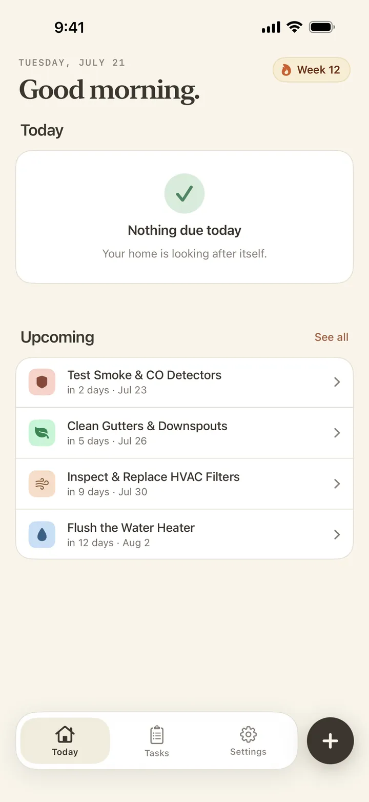 A Today screen with nothing due and a twelve-week streak.